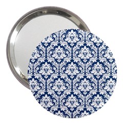 White On Blue Damask 3  Handbag Mirror by Zandiepants