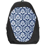 White On Blue Damask Backpack Bag Front