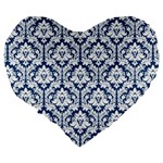 Navy Blue Damask Pattern Large 19  Premium Heart Shape Cushion Back