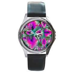 Crystal Flower Garden, Abstract Teal Violet Round Leather Watch (silver Rim) by DianeClancy