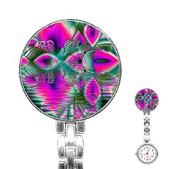 Crystal Flower Garden, Abstract Teal Violet Stainless Steel Nurses Watch by DianeClancy