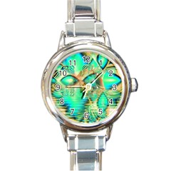 Golden Teal Peacock, Abstract Copper Crystal Round Italian Charm Watch by DianeClancy