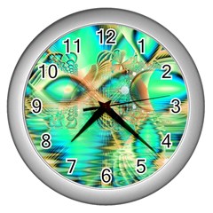 Golden Teal Peacock, Abstract Copper Crystal Wall Clock (silver) by DianeClancy