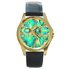 Golden Teal Peacock, Abstract Copper Crystal Round Leather Watch (gold Rim)  by DianeClancy