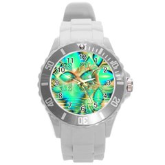 Golden Teal Peacock, Abstract Copper Crystal Plastic Sport Watch (large)