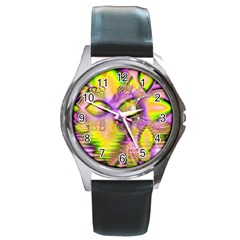 Golden Violet Crystal Heart Of Fire, Abstract Round Leather Watch (silver Rim) by DianeClancy