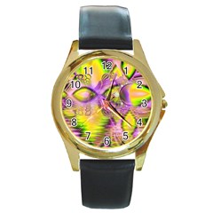 Golden Violet Crystal Heart Of Fire, Abstract Round Leather Watch (gold Rim)  by DianeClancy