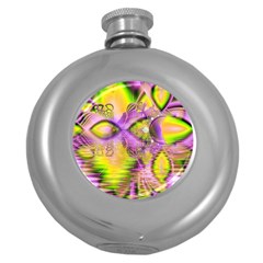 Golden Violet Crystal Heart Of Fire, Abstract Hip Flask (round) by DianeClancy