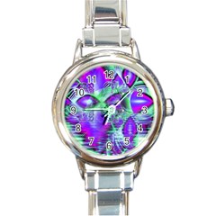 Violet Peacock Feathers, Abstract Crystal Mint Green Round Italian Charm Watch by DianeClancy