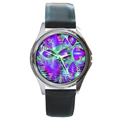 Violet Peacock Feathers, Abstract Crystal Mint Green Round Leather Watch (silver Rim) by DianeClancy