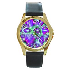 Violet Peacock Feathers, Abstract Crystal Mint Green Round Leather Watch (gold Rim)  by DianeClancy