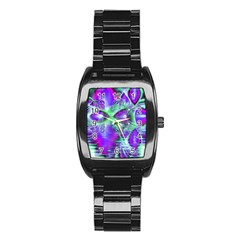 Violet Peacock Feathers, Abstract Crystal Mint Green Stainless Steel Barrel Watch