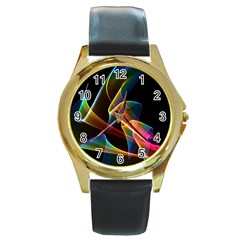 Crystal Rainbow, Abstract Winds Of Love  Round Leather Watch (gold Rim) 