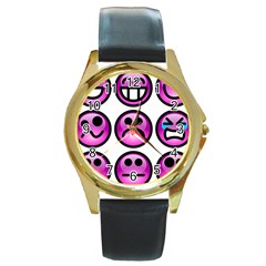 Chronic Pain Emoticons Round Leather Watch (gold Rim)  by FunWithFibro