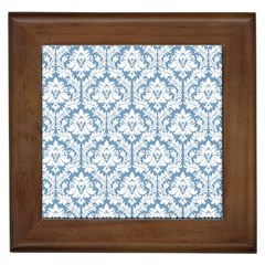 White On Light Blue Damask Framed Ceramic Tile