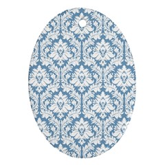 White On Light Blue Damask Oval Ornament