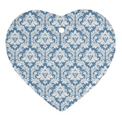 White On Light Blue Damask Heart Ornament