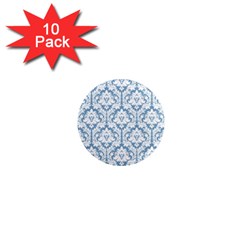 White On Light Blue Damask 1  Mini Button Magnet (10 Pack) by Zandiepants