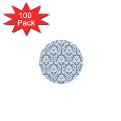 White On Light Blue Damask 1  Mini Button (100 Pack)