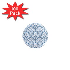 White On Light Blue Damask 1  Mini Button Magnet (100 Pack) by Zandiepants