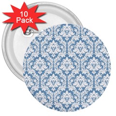 White On Light Blue Damask 3  Button (10 Pack)