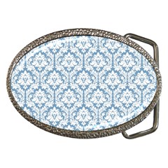 White On Light Blue Damask Belt Buckle (oval) by Zandiepants