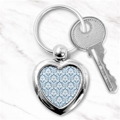 White On Light Blue Damask Key Chain (heart)