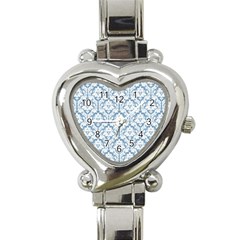 White On Light Blue Damask Heart Italian Charm Watch 