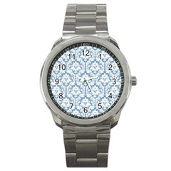 White On Light Blue Damask Sport Metal Watch