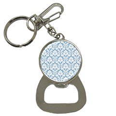 White On Light Blue Damask Bottle Opener Key Chain