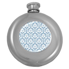 White On Light Blue Damask Hip Flask (round) by Zandiepants