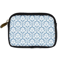 White On Light Blue Damask Digital Camera Leather Case by Zandiepants