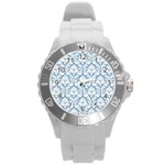 White On Light Blue Damask Plastic Sport Watch (Large) Front