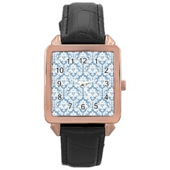 White On Light Blue Damask Rose Gold Leather Watch 