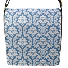 White On Light Blue Damask Flap Closure Messenger Bag (small) by Zandiepants