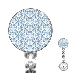 White On Light Blue Damask Stainless Steel Nurses Watch