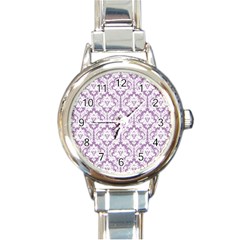 White On Lilac Damask Round Italian Charm Watch by Zandiepants