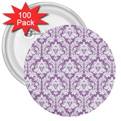 White On Lilac Damask 3  Button (100 Pack) by Zandiepants