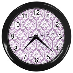 White On Lilac Damask Wall Clock (black)