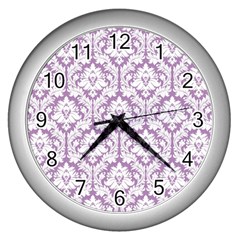 White On Lilac Damask Wall Clock (silver)