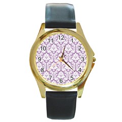 White On Lilac Damask Round Leather Watch (gold Rim) 