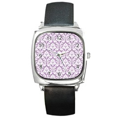 White On Lilac Damask Square Leather Watch by Zandiepants