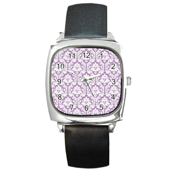 White On Lilac Damask Square Leather Watch