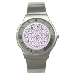 White On Lilac Damask Stainless Steel Watch (slim) by Zandiepants