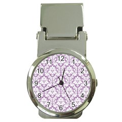 White On Lilac Damask Money Clip With Watch