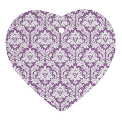 White On Lilac Damask Heart Ornament (two Sides) by Zandiepants