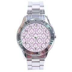 White On Lilac Damask Stainless Steel Watch by Zandiepants