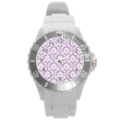 White On Lilac Damask Plastic Sport Watch (large) by Zandiepants