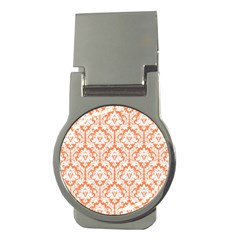 White On Orange Damask Money Clip (round) by Zandiepants