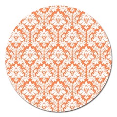 White On Orange Damask Magnet 5  (round)